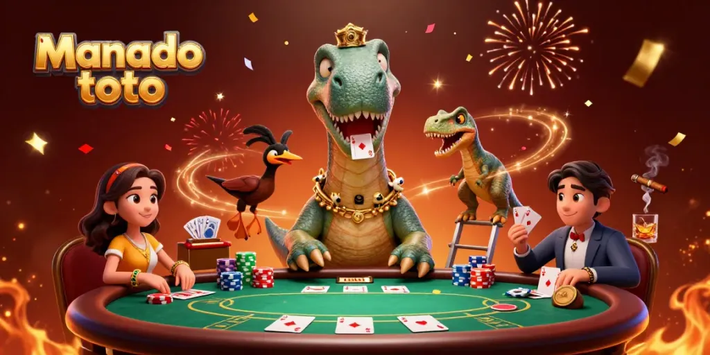 Engage with manado toto as a vibrant 3D cartoon scene unfolds featuring poker excitement.