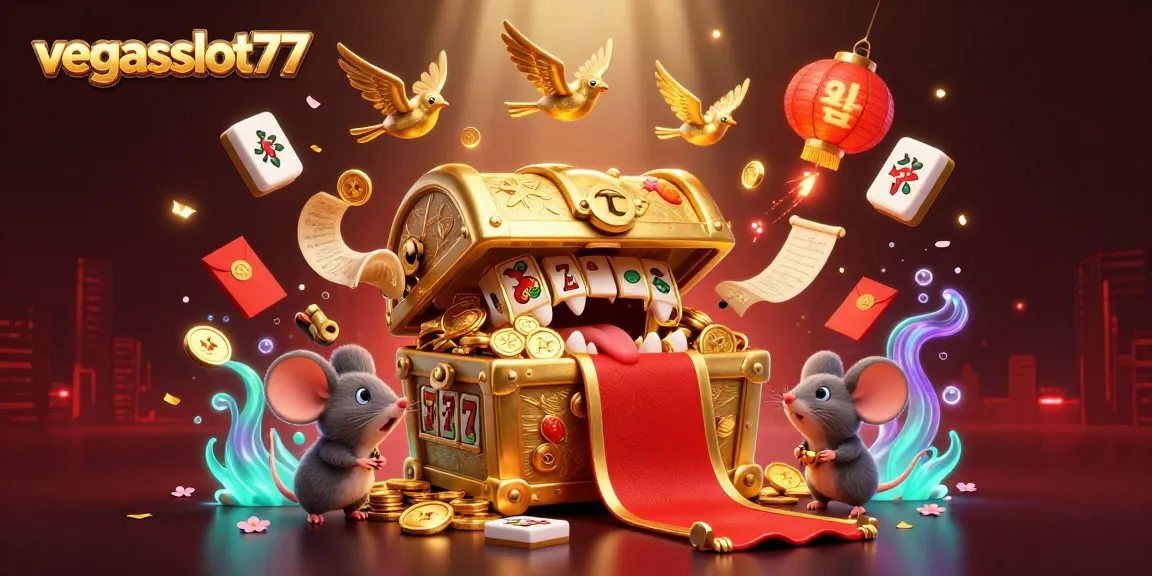 Enhance your gaming experience with vegasslot77's rich 3D illustration featuring lucky slots and treasure.