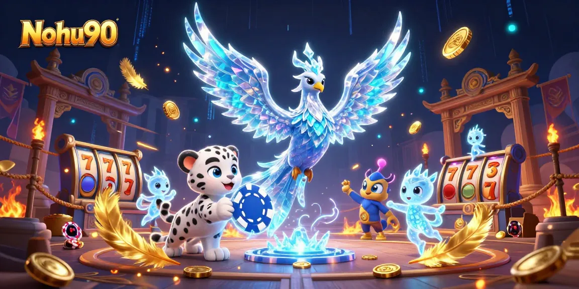 Nohu90 offers exciting jackpot opportunities with an ice phoenix, a playful snow leopard cub, and vibrant casino elements.