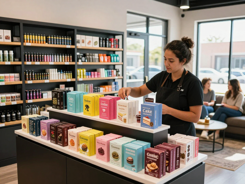 Cakes cart selection displayed in a vibrant cannabis dispensary with flavors like Wedding Cake.