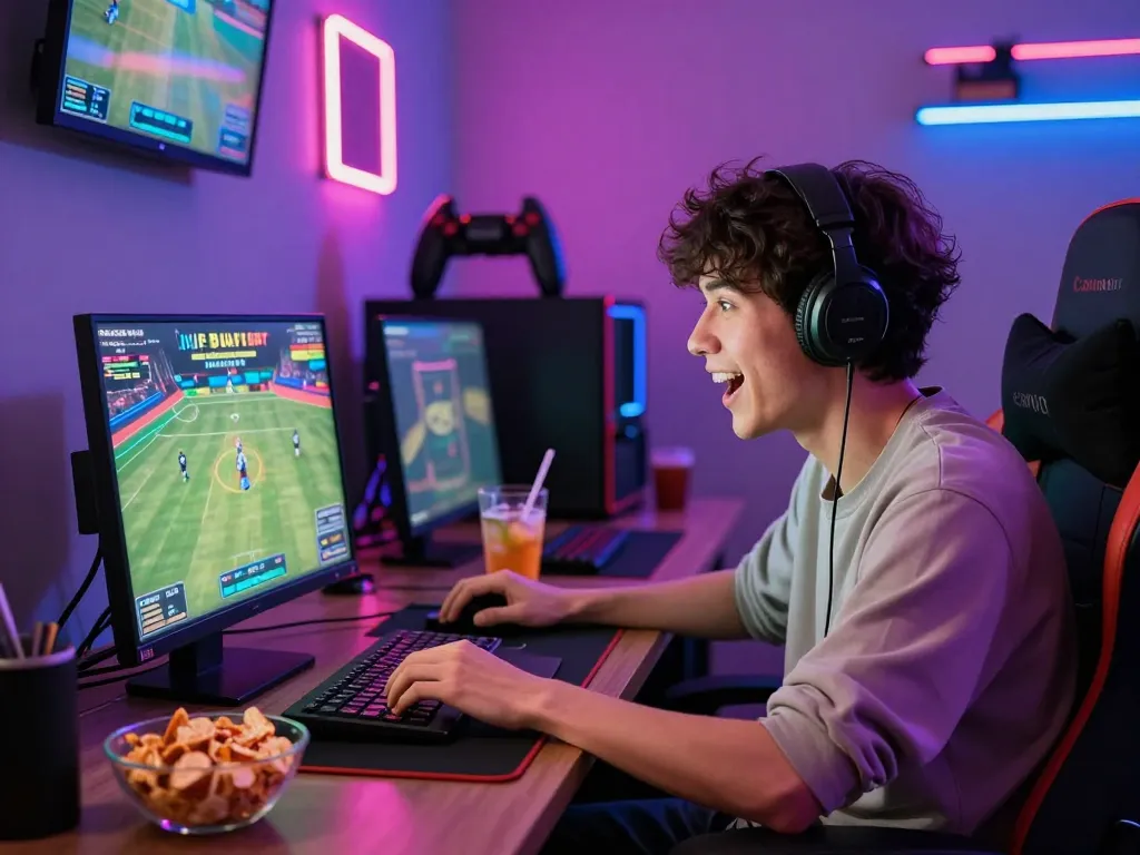 Engaged user participating in hubet88 online betting experience in a vibrant gaming room.