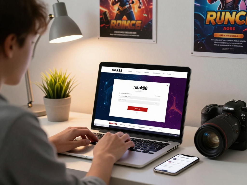 rokok88 login on a laptop screen in a cozy workspace with gaming decor.