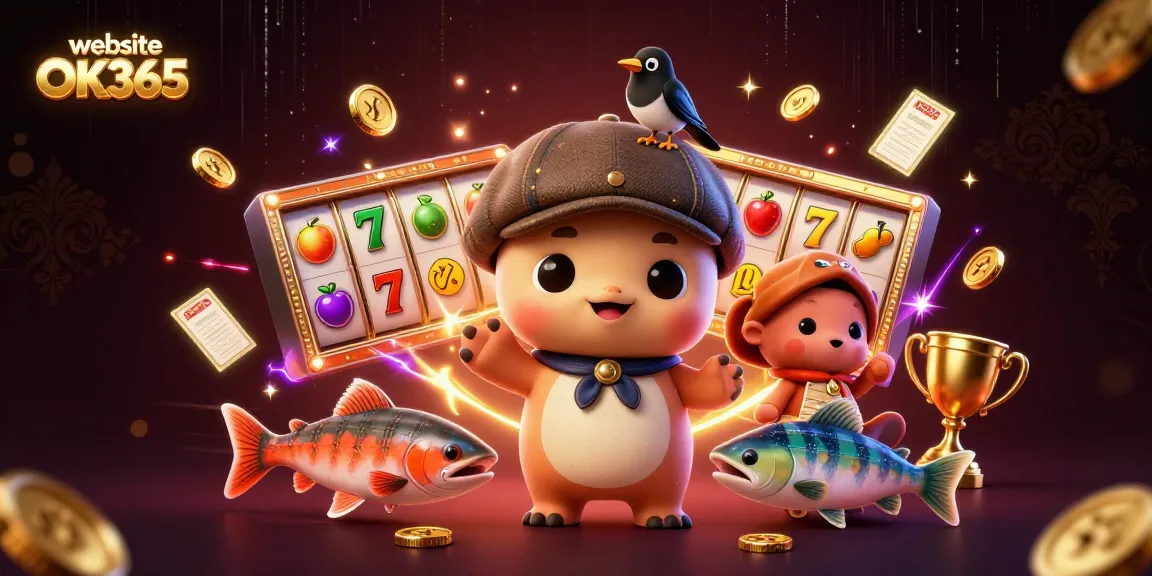 Spin to win with website OK365 as vibrant cartoon characters play in a casino-themed scene.
