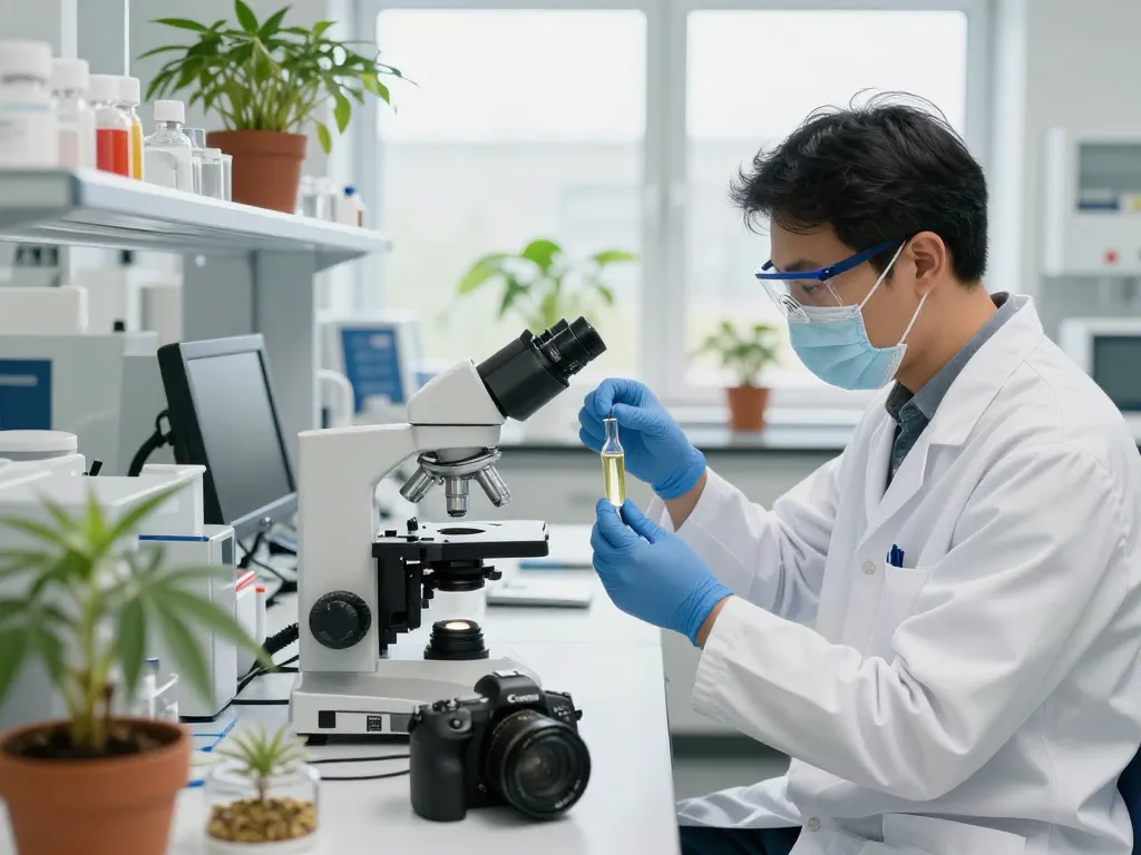 Cannabinoid manufacturer Europe analyzing distillate in a modern lab, featuring high-tech equipment and natural light.