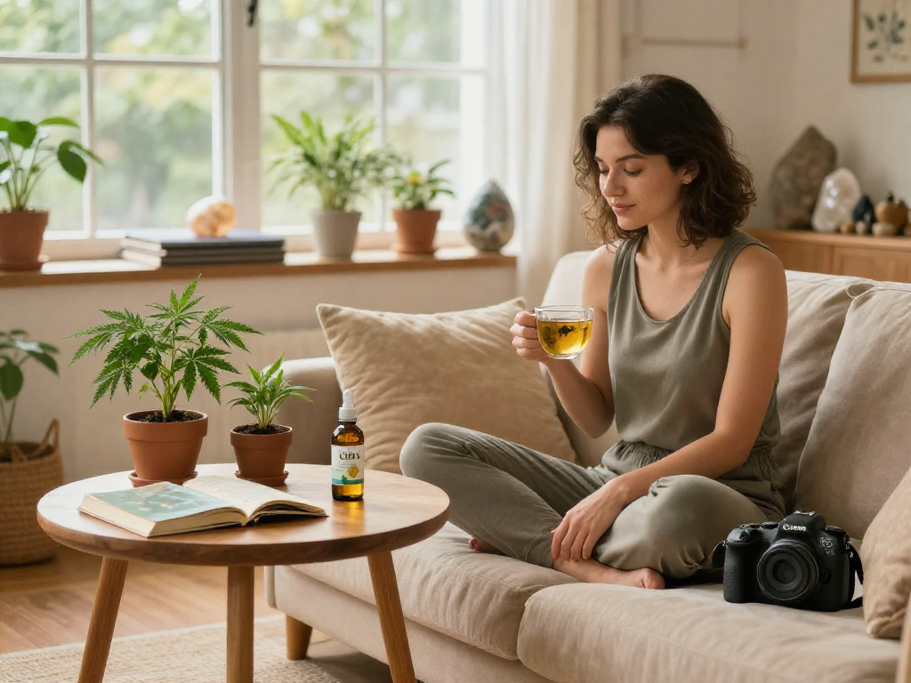 Experience premium cannabis delivery with lab-tested CBD oil, herbal tea, and natural wellness in a serene home setting.