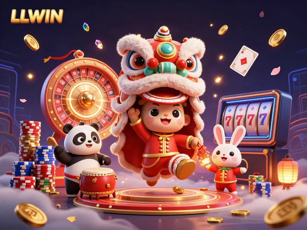Experience the excitement of LLWIN with a vibrant 3D lion dance scene amid casino elements.