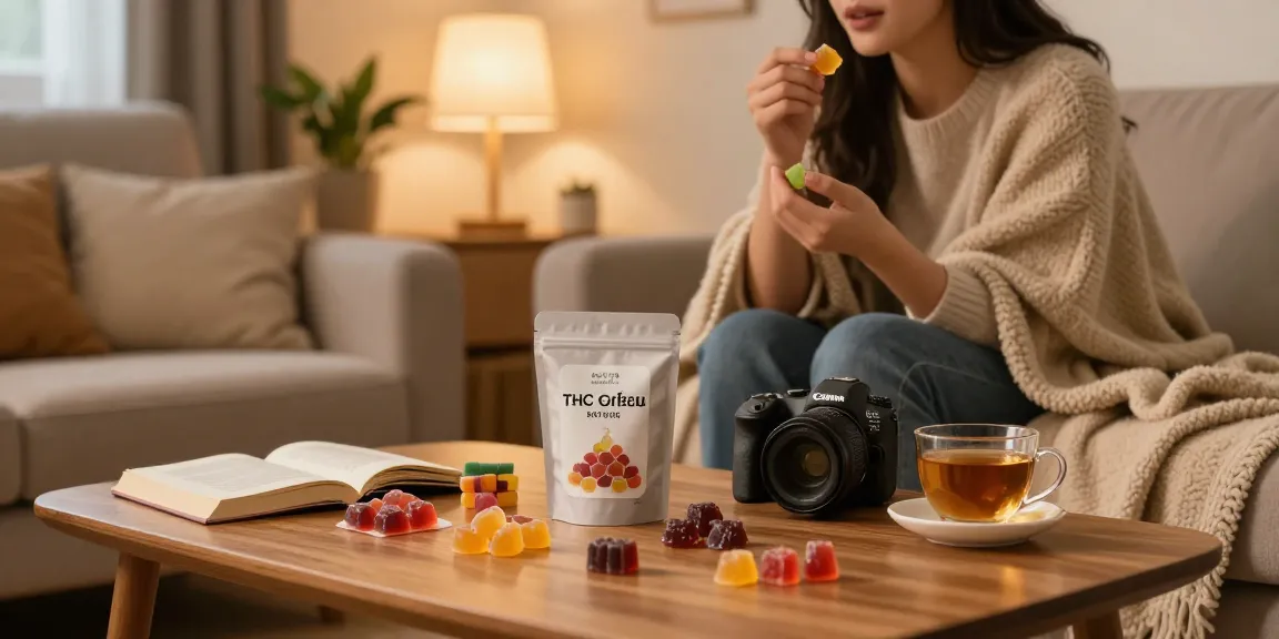 Enjoying thc edibles in a cozy setting with colorful gummies and warm lighting.