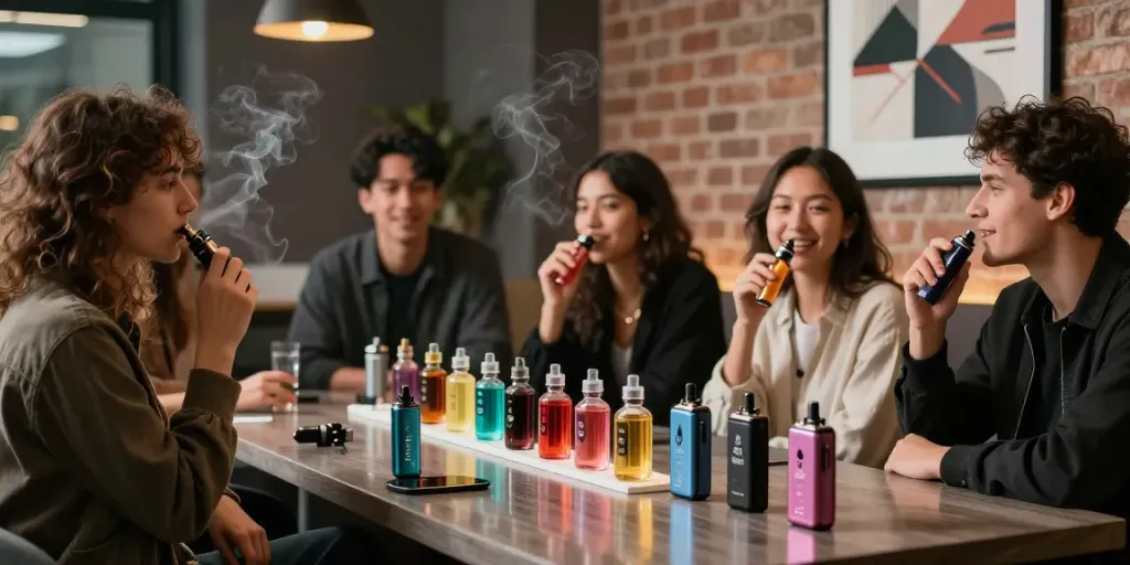Junge Erwachsene genießen al fakher 8k crystal Vapes in einer stilvollen Lounge.