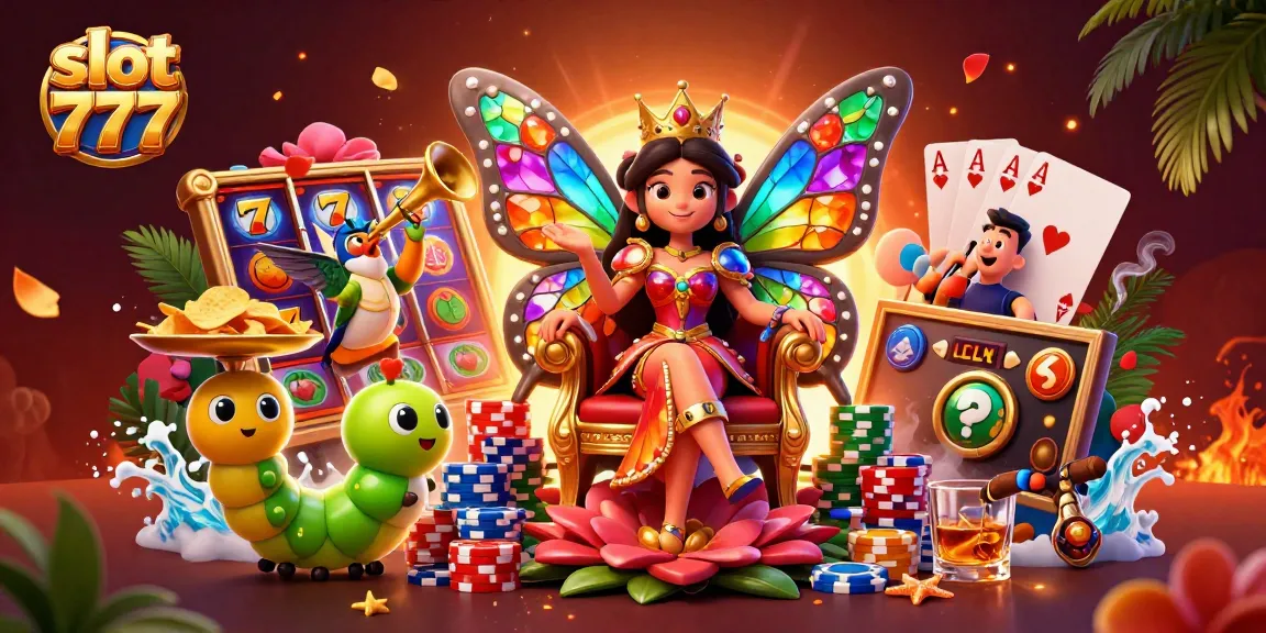 Menggenggam slot 777 yang penuh warna dengan simbol jackpot, ratu kupu-kupu 3D dalam ilustrasi detail digital 3D.
