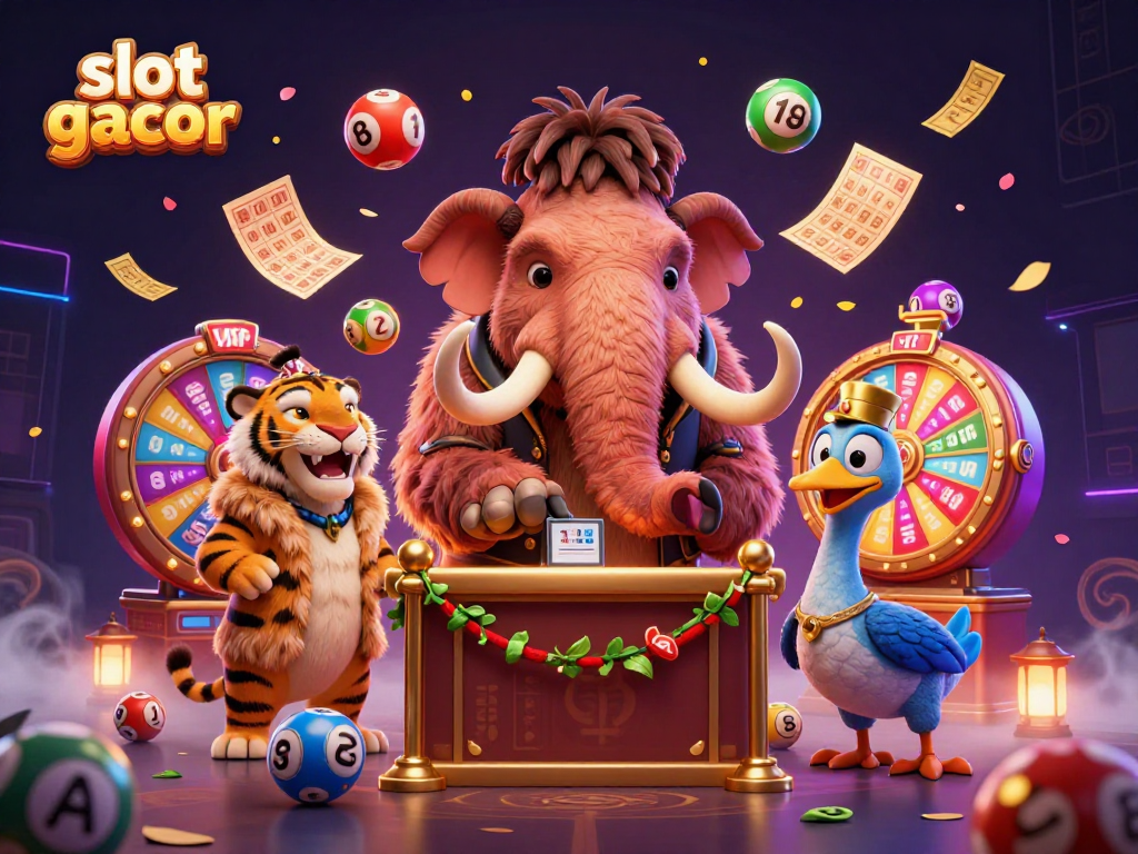 Engage with the slot gacor atmosphere featuring a woolly mammoth bouncer and colorful lottery elements.