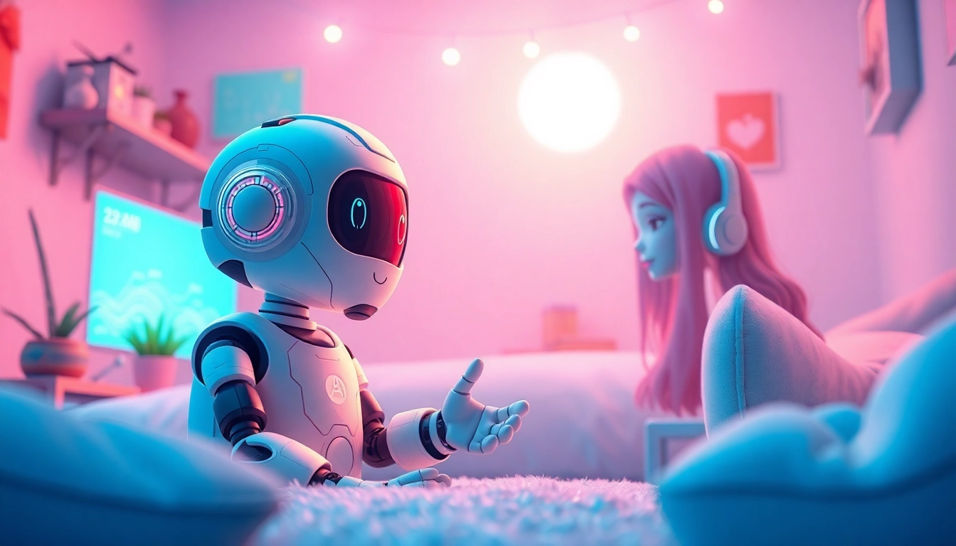 Engaging AI chatbot character interface representing crush on ai in a cozy virtual environment.