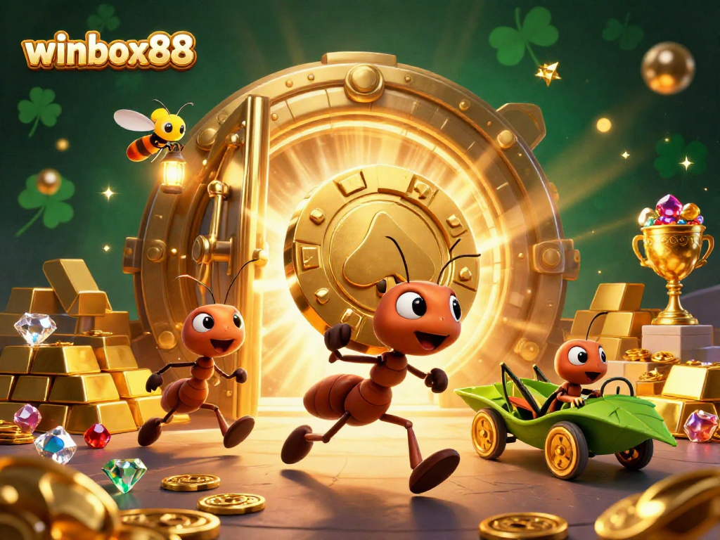 Experience the thrill of winbox88 with a colorful heist scene featuring playful ants, gold treasures, and gaming excitement.