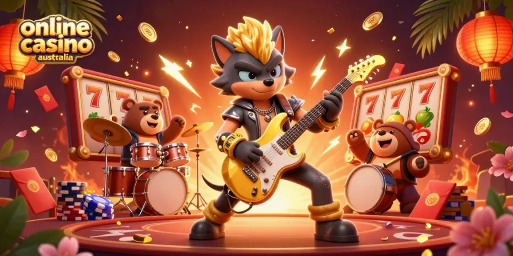 Engage in vibrant gaming action at an online casino australia, with dynamic characters and game elements.