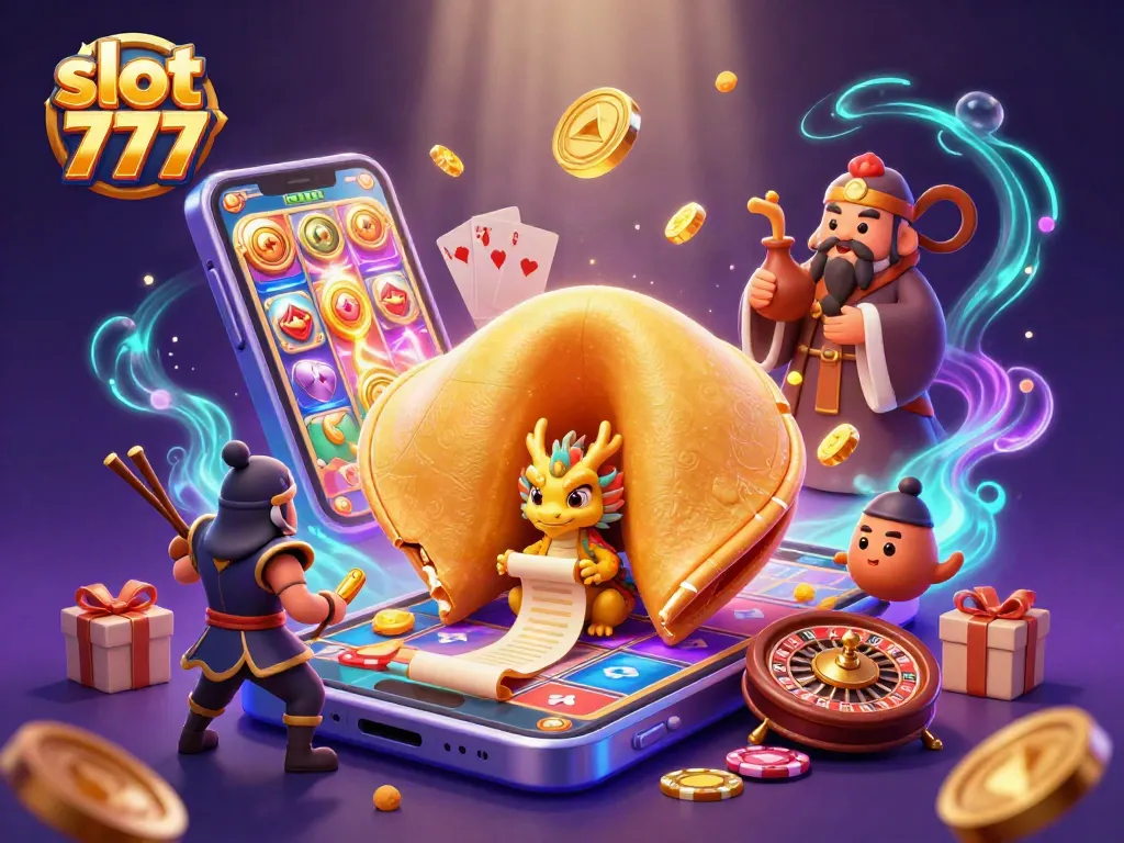 Putaran slot 777 yang menarik dengan simbol dan elemen keberuntungan bersinar.