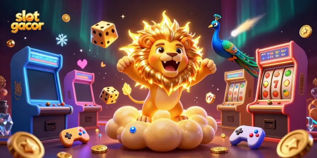 Experience the excitement of slot gacor with a vibrant 3D animated scene of casino symbols and characters.