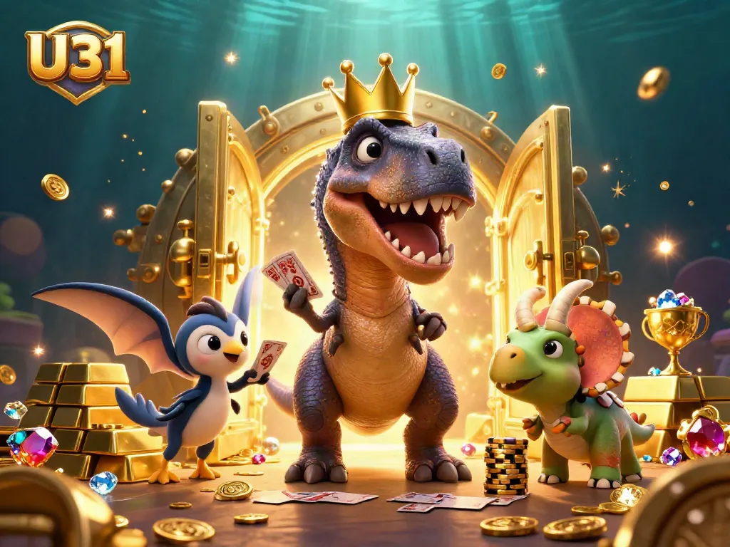 Experience thrilling gameplay with U31 as a T-Rex shuffles cards while the baby triceratops stacks golden chips.