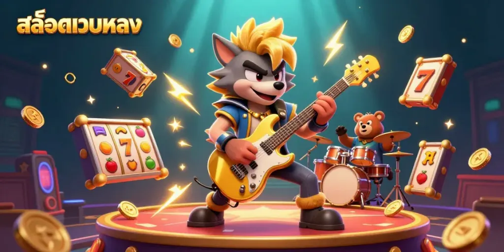 Win big with สล็อตเว็บตรง as a rock star wolf electrifies the casino stage in vibrant colors.
