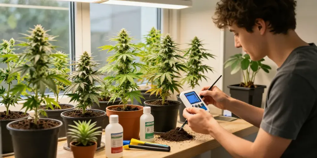 Autoflower Samen kaufen in einem hellen Indoor-Garten mit gesunden Cannabis-Pflanzen und einem begeisterten Züchter.