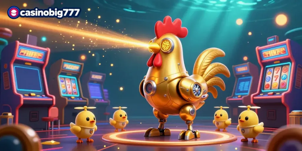 Experience lively gaming with casinobig777 as the golden rooster robot leads a dynamic crew in a vibrant casino.
