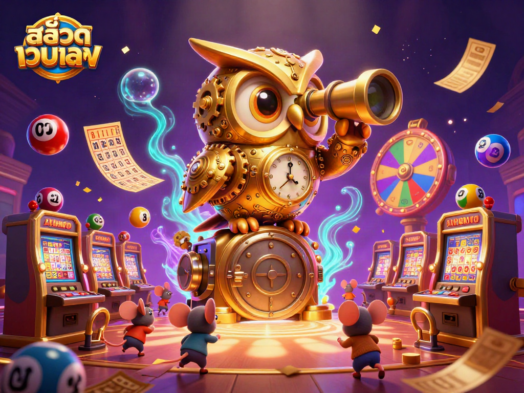 Experience thrilling games at สล็อตเว็บตรง with a captivating 3D casino scene featuring slot machines and dynamic prizes.