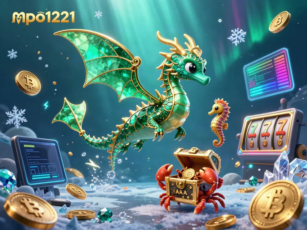 Experience the vibrant action of mpo1221 with an emerald sea dragon and treasure, surrounded by glowing coins.