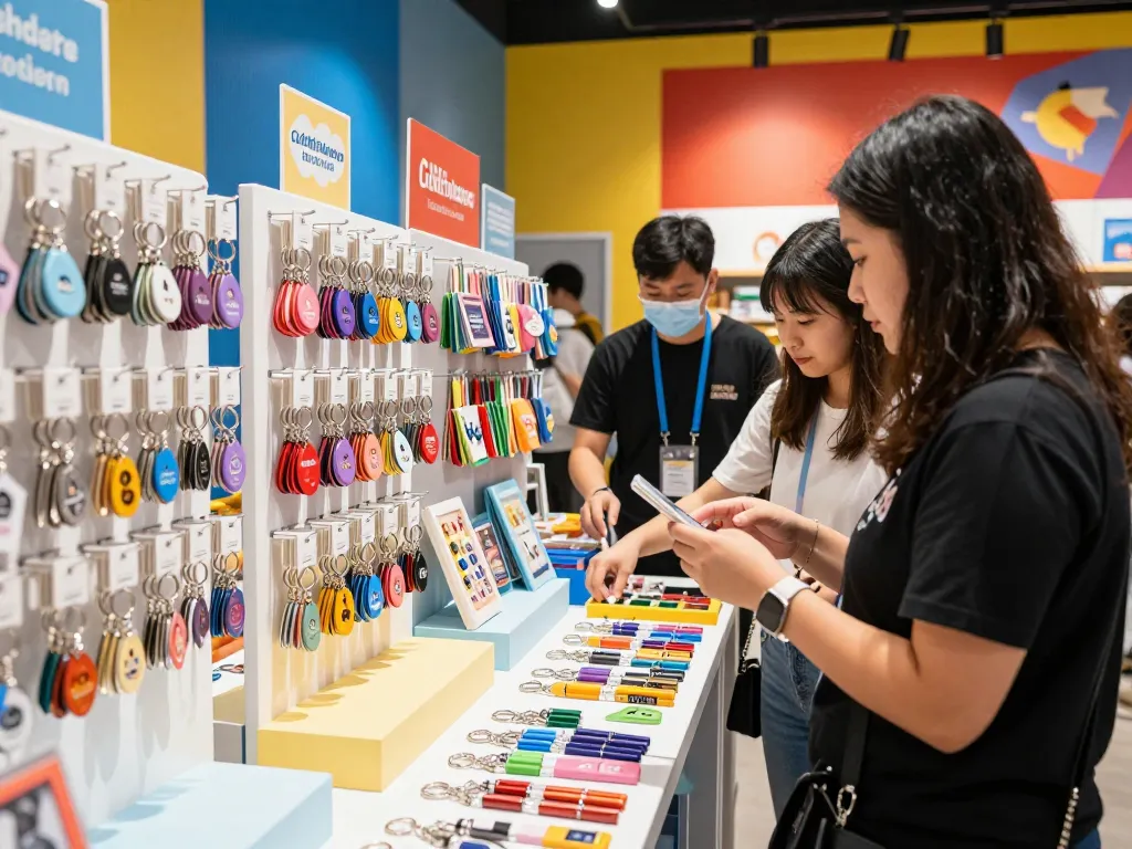 Engaging display of customized key chains in a vibrant retail store with shoppers exploring options.