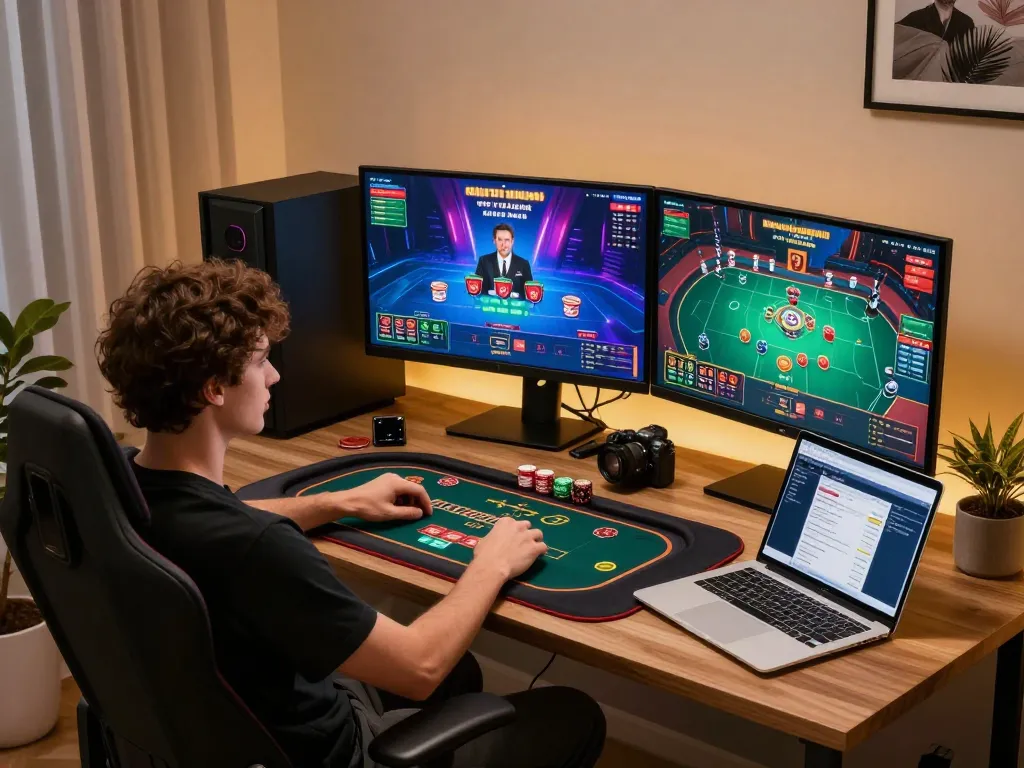 Engaging online gameplay at 99win from a modern gaming setup with multiple screens.