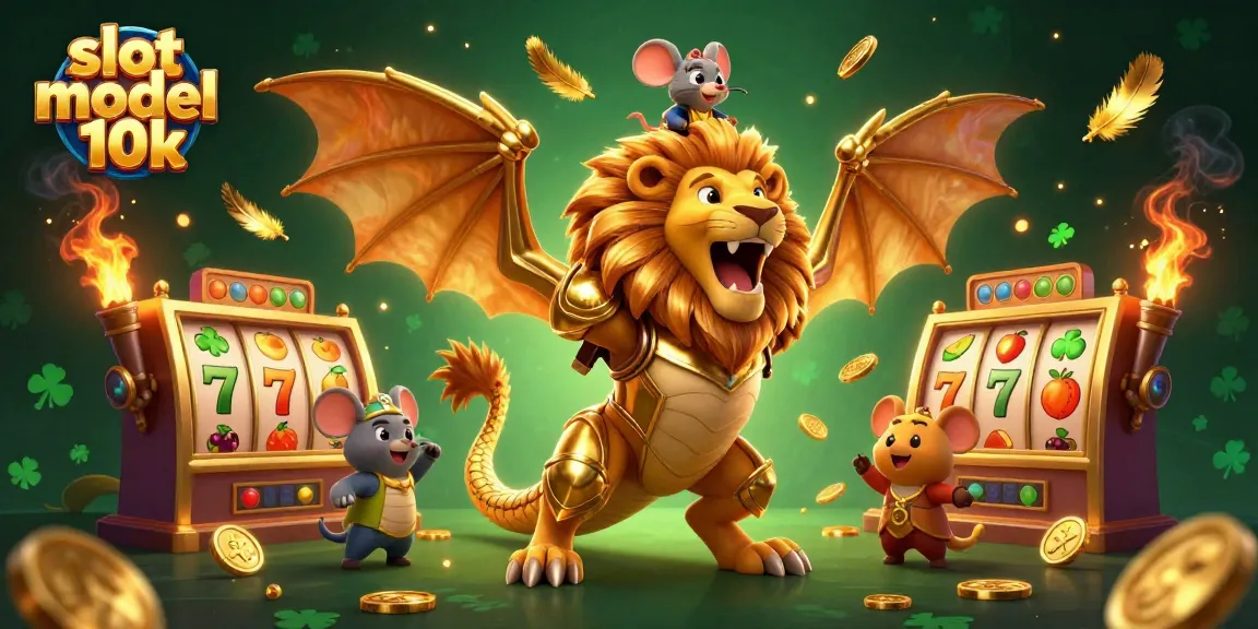 Engage in vibrant gameplay with slot modal 10k, featuring a roaring chimera and dynamic slot machine elements.