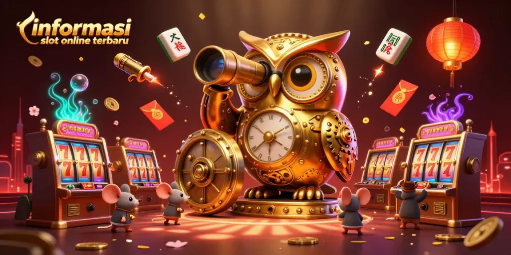 Menampilkan informasi slot online terbaru dengan gambar 3D menarik yang menampilkan simbol-simbol permainan slot.