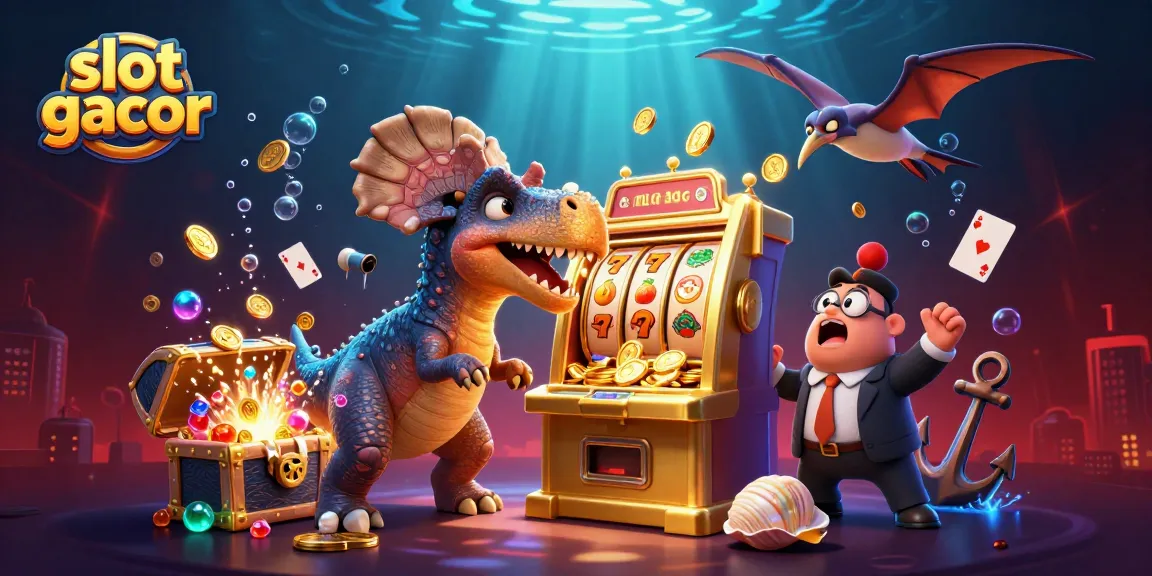 Experience thrilling moments with slot gacor in 3D illustration as dinosaurs and jackpots collide.