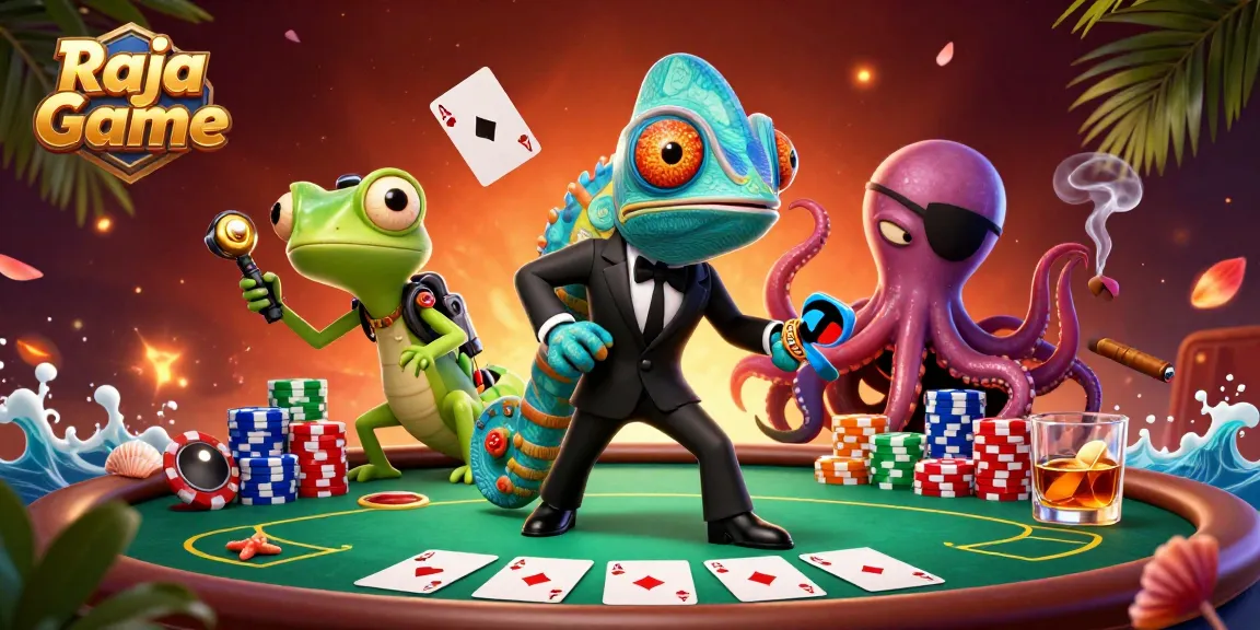 Engage in the thrilling action of Raja Game with a vibrant 3D casino illustration featuring dynamic characters and casino elements.