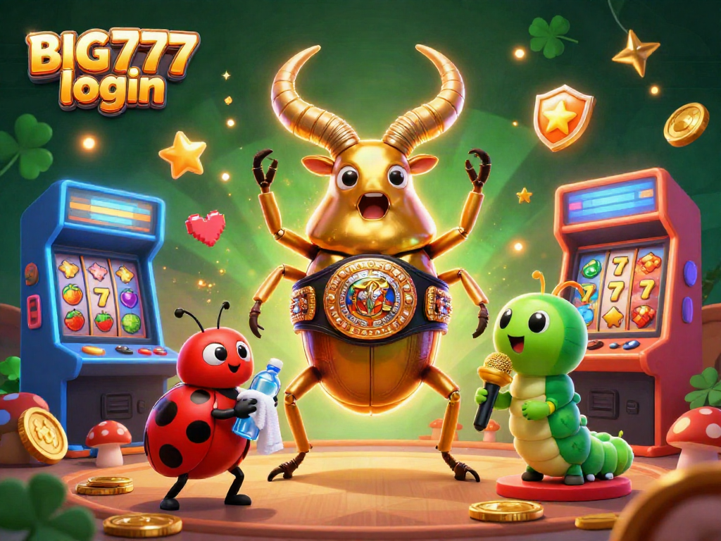 Play and win big with BIG777 login in this vibrant casino-themed adventure featuring cartoon beetle champions.