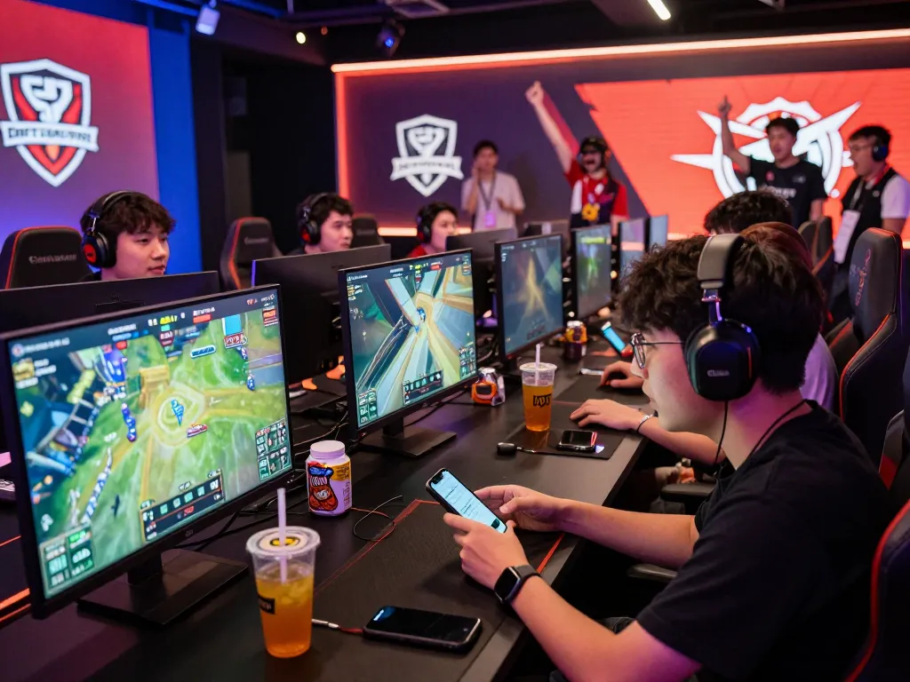 Exciting esports betting Singapore scene with gamers analyzing live odds during a tournament.
