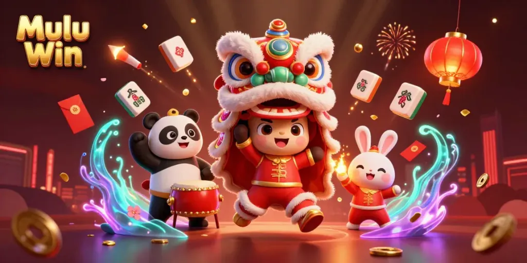 Enjoy thrilling gaming experiences with Mulu Win's vibrant lion dance and festive decorations.