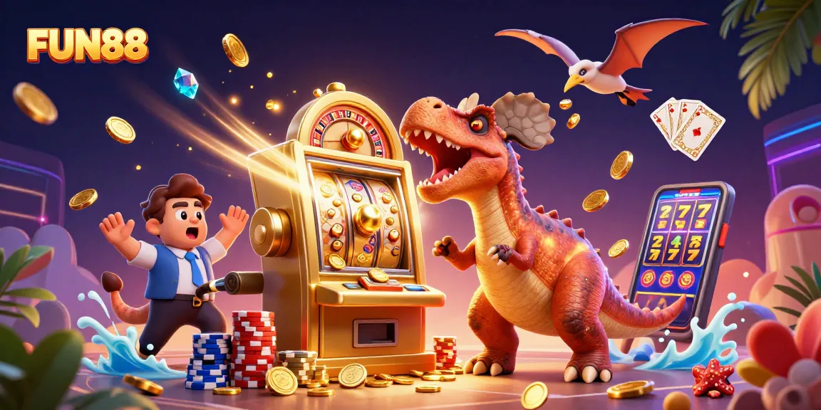 Experience FUN88 action with a cartoon pachycephalosaurus jackpot celebration in a vibrant casino.