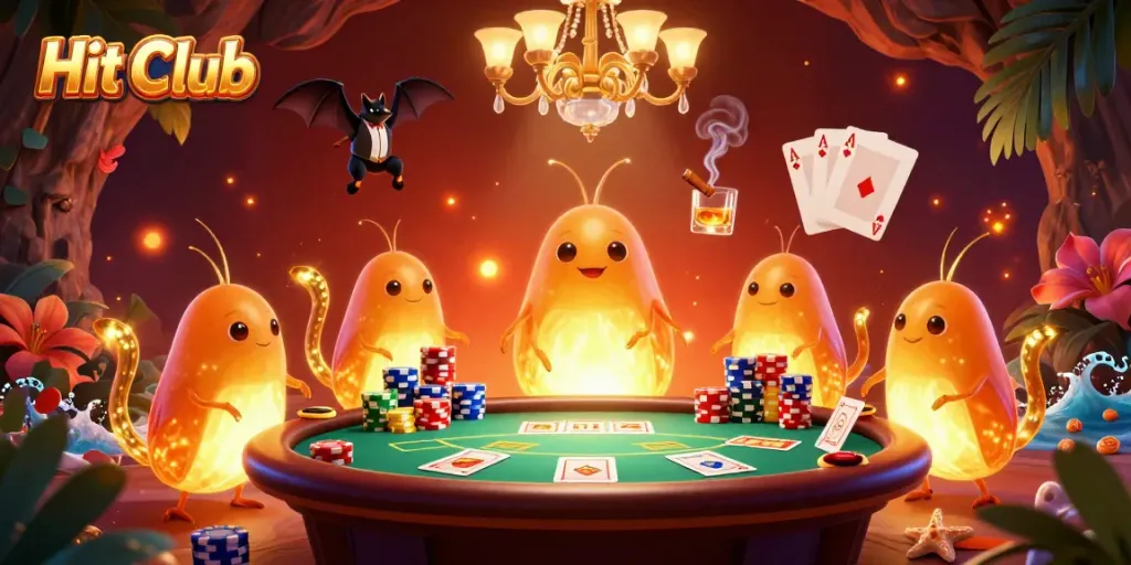 Hit Club casino scene with glowworms illuminating a vibrant poker table and lively casino atmosphere.
