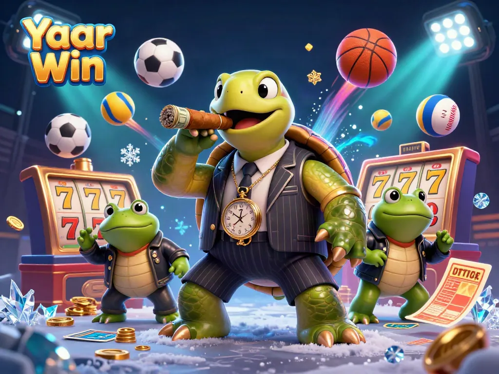 Yaar Win showcases a lively casino atmosphere with a snapping turtle and bullfrog characters among vibrant gaming elements.