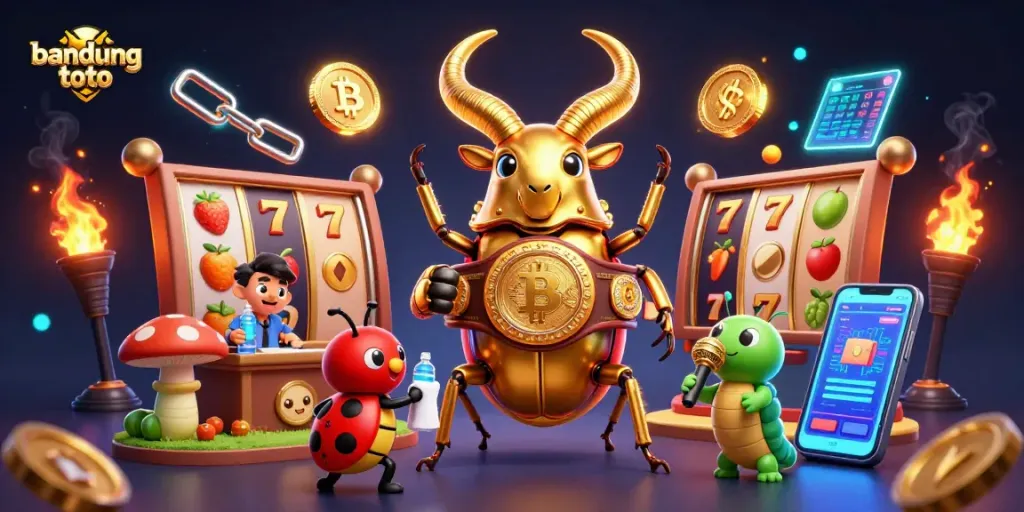 Engage with bandung toto in a vibrant 3D casino scene featuring unique characters and slot elements.