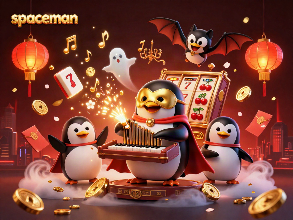 Spaceman themed illustration of a penguin playing an organ, surrounded by slot elements.