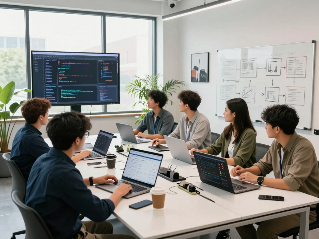 Collaborative tech workspace featuring sex bot design prototypes and analytics