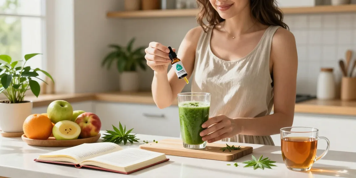 Muha Meds CBD oil alongside a fresh smoothie in a bright wellness kitchen.