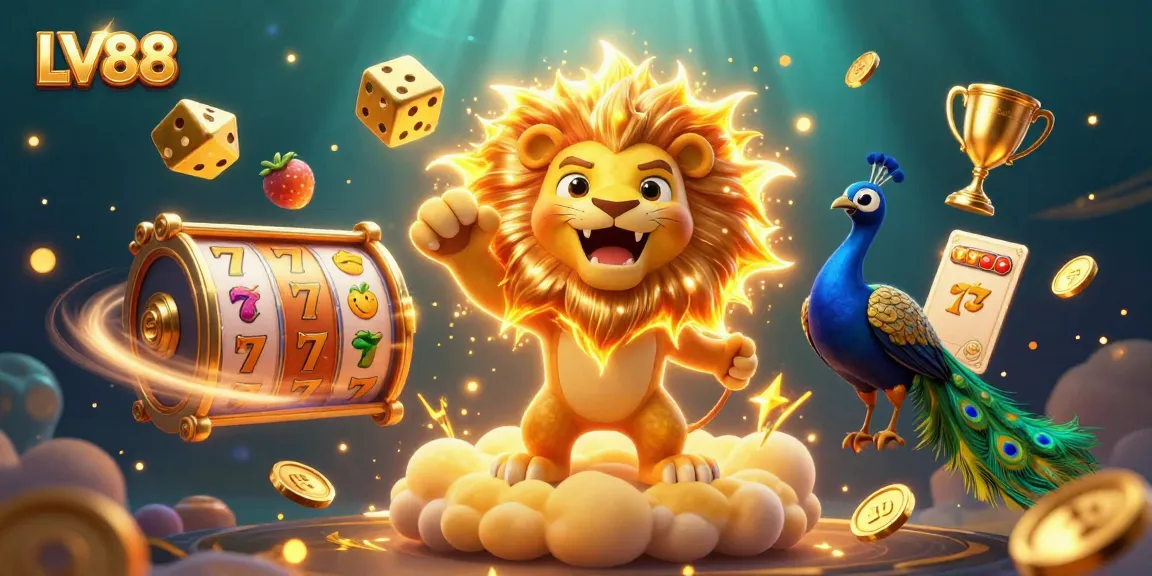 Experience thrilling LV88 adventures with roaring lion, golden dice, and vibrant slot symbols.