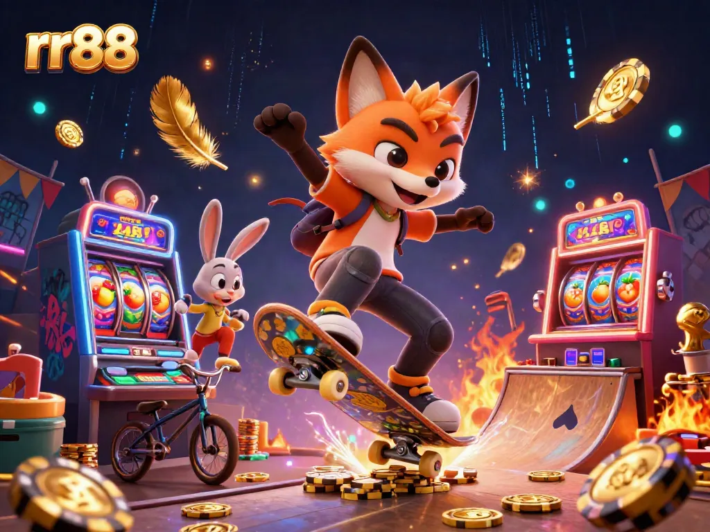 Catch exciting gameplay at rr88 with a skateboarder fox and BMX rabbit in a vibrant casino-themed scene.