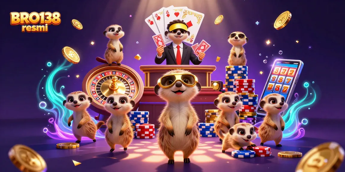 Experience thrill at BRO138 resmi, showcasing meerkats expertly managing a vibrant casino.