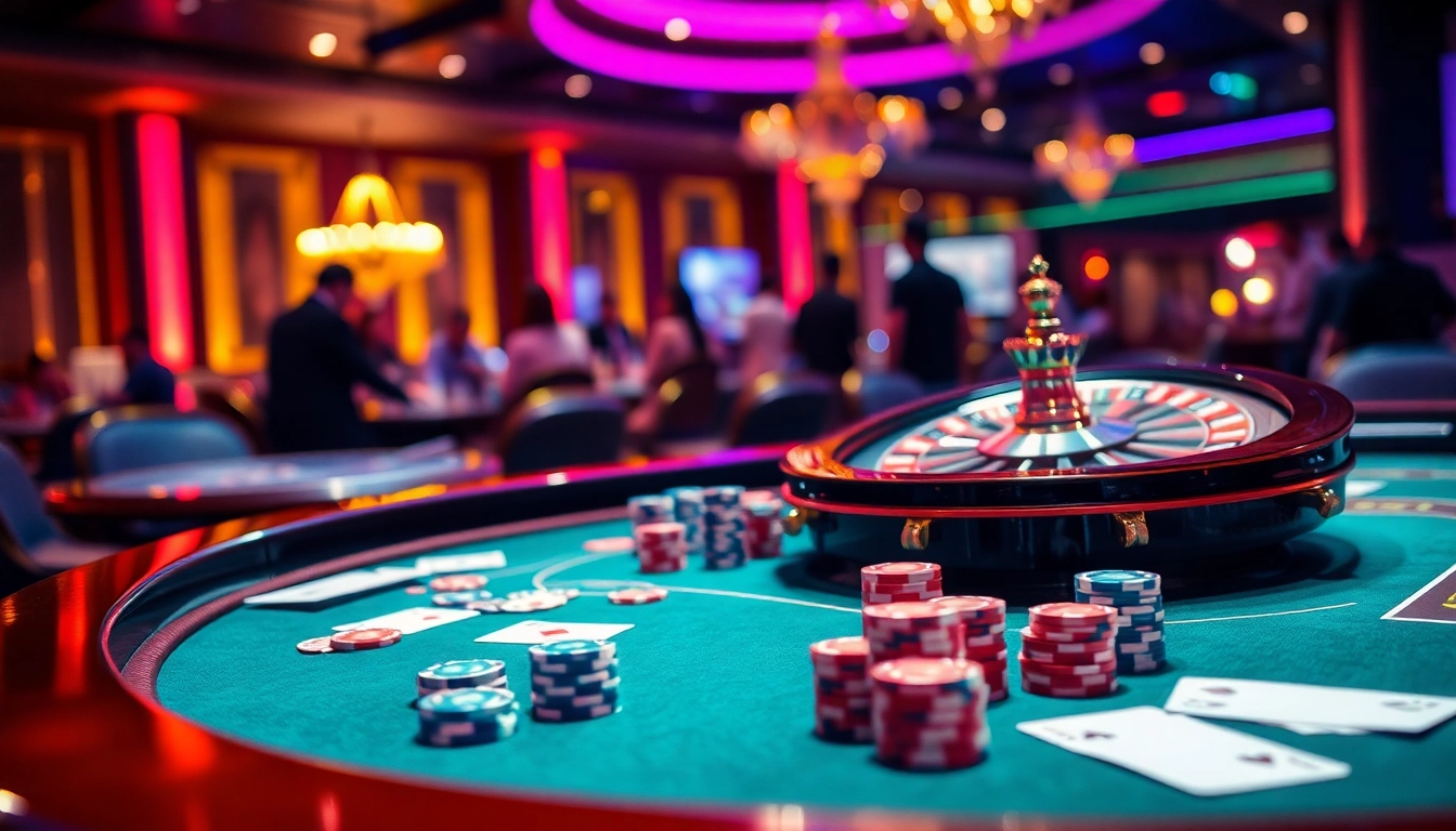 Exciting casino gaming scene representing hay88.page with vibrant poker chips and cards on a luxurious table.