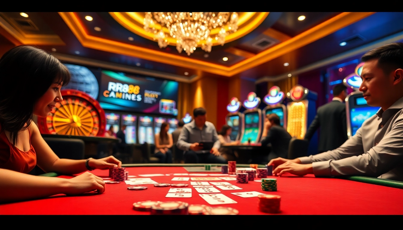 Experience thrilling gameplay at RR88 with vibrant casino scenes filled with poker chips and roulette wheels.