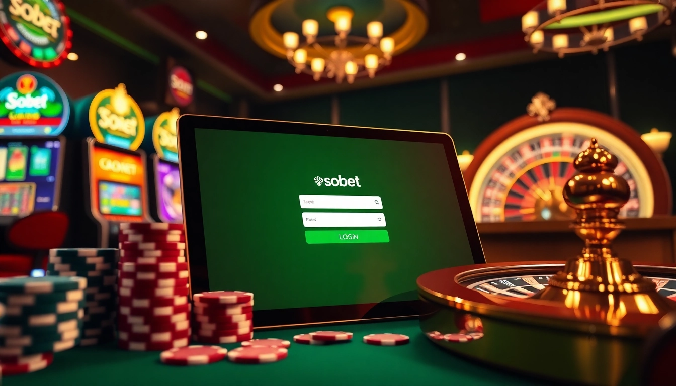 Engage with sbobet login on a sleek tablet amid vibrant casino elements like poker chips and slot machines.