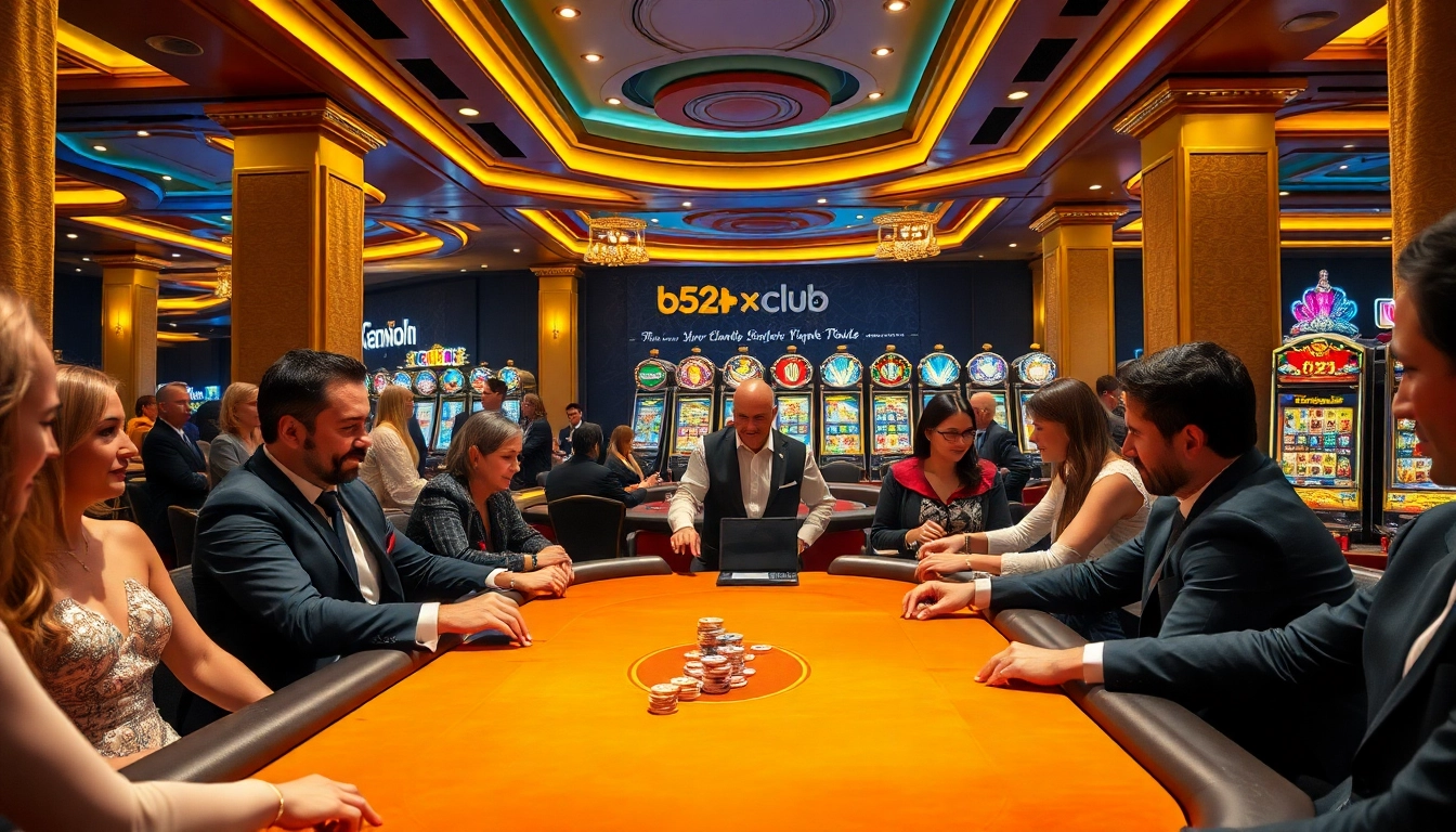 Players excitedly win at the b52club poker table inside a luxurious casino.
