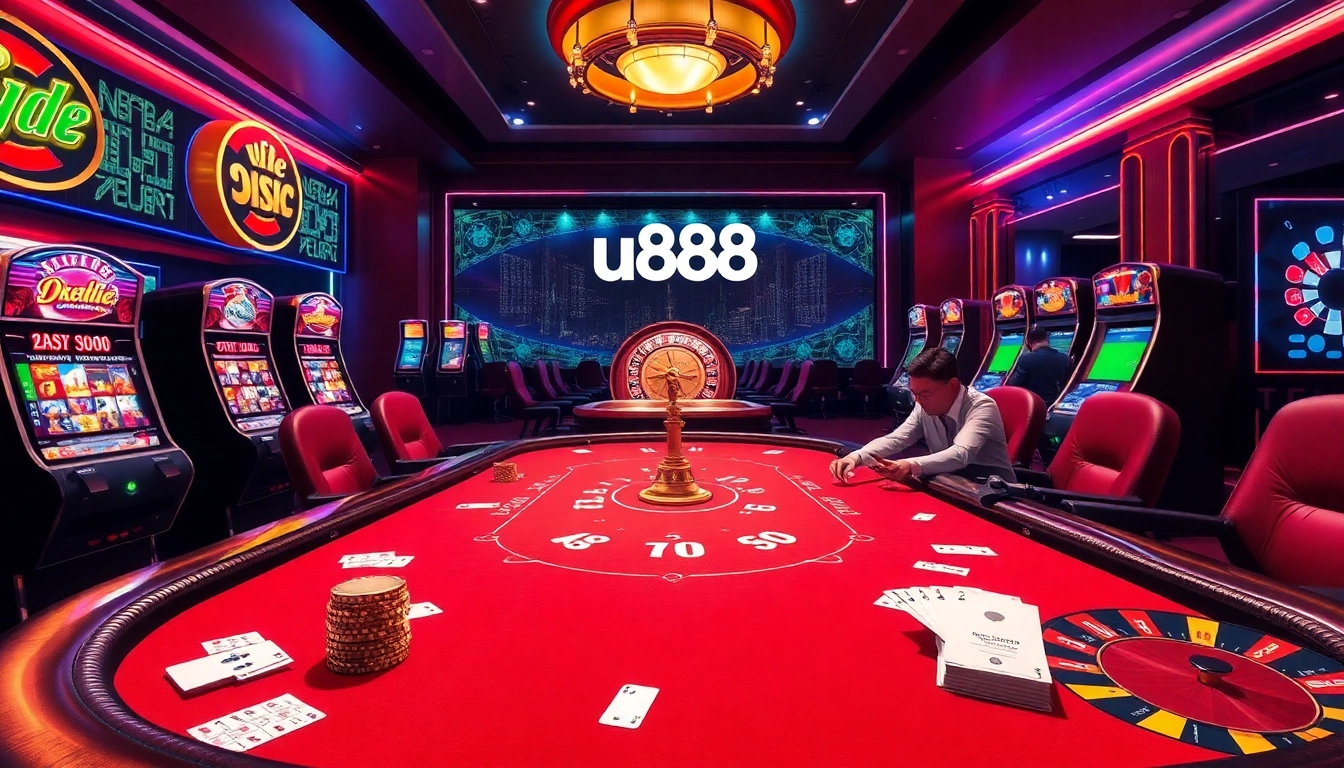 Experience thrilling gameplay at u888 with vibrant casino tables, poker chips, and slots.