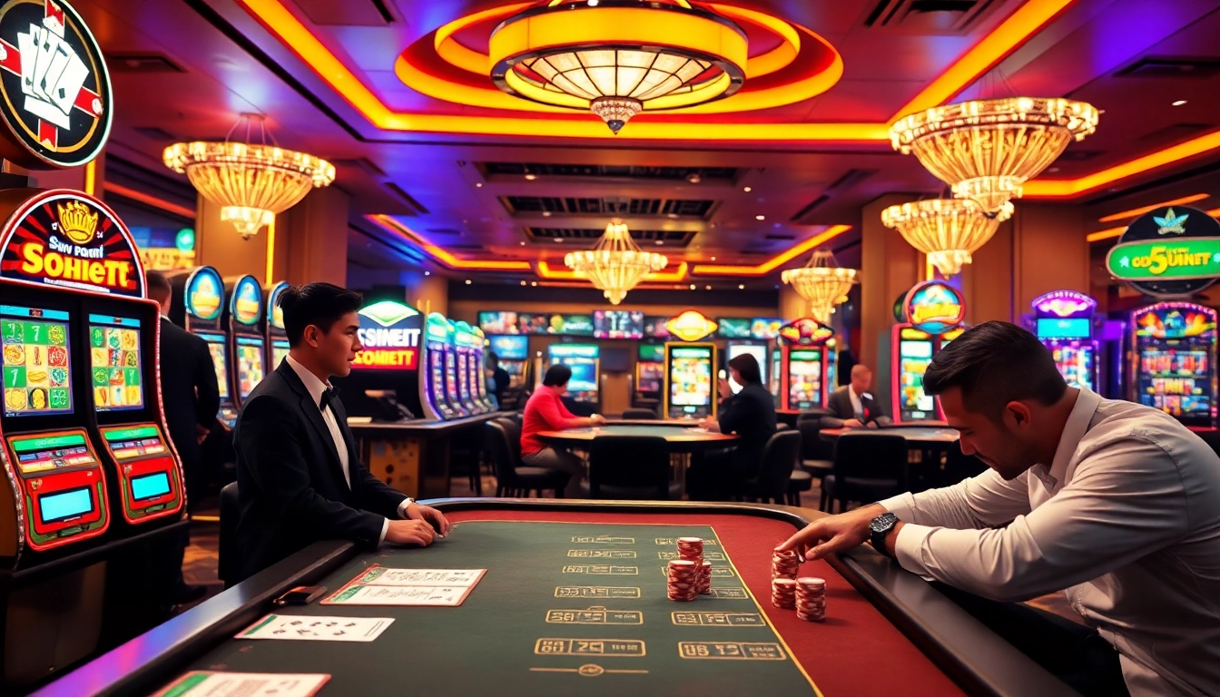 SBOBet betting table with engaging players and vibrant slot machines in a luxurious casino.